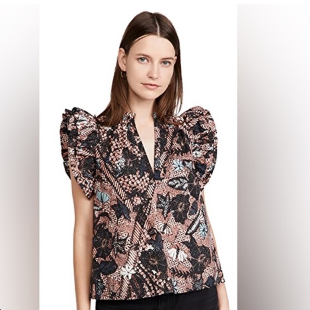 Ulla Johnson Black and Brown Ruffle Sleeve Blouse